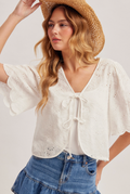 Embroidered Ribbon Tie Front Scallop Top