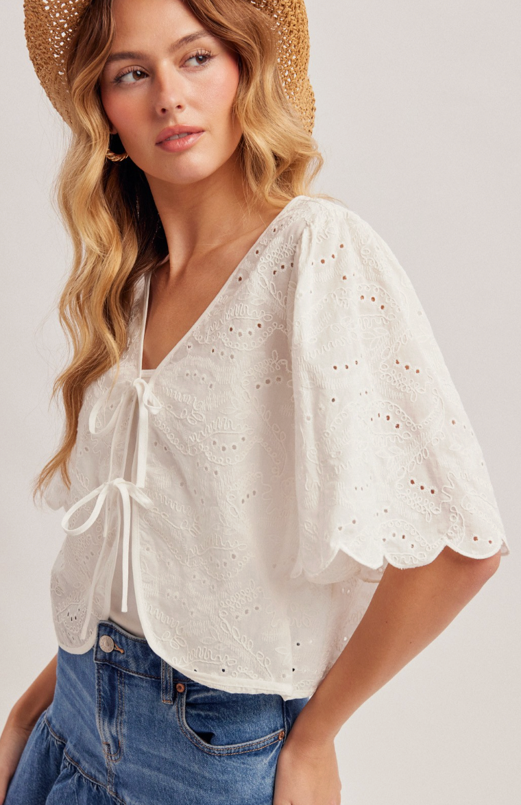 Embroidered Ribbon Tie Front Scallop Top