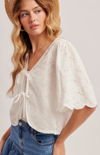 Embroidered Ribbon Tie Front Scallop Top