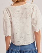 Embroidered Ribbon Tie Front Scallop Top