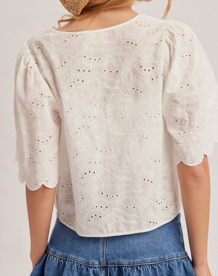 Embroidered Ribbon Tie Front Scallop Top