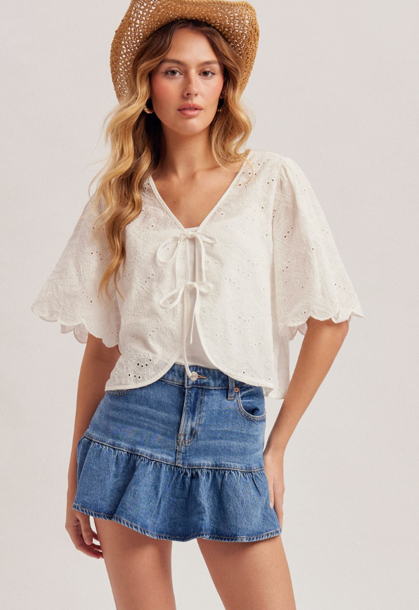 Embroidered Ribbon Tie Front Scallop Top