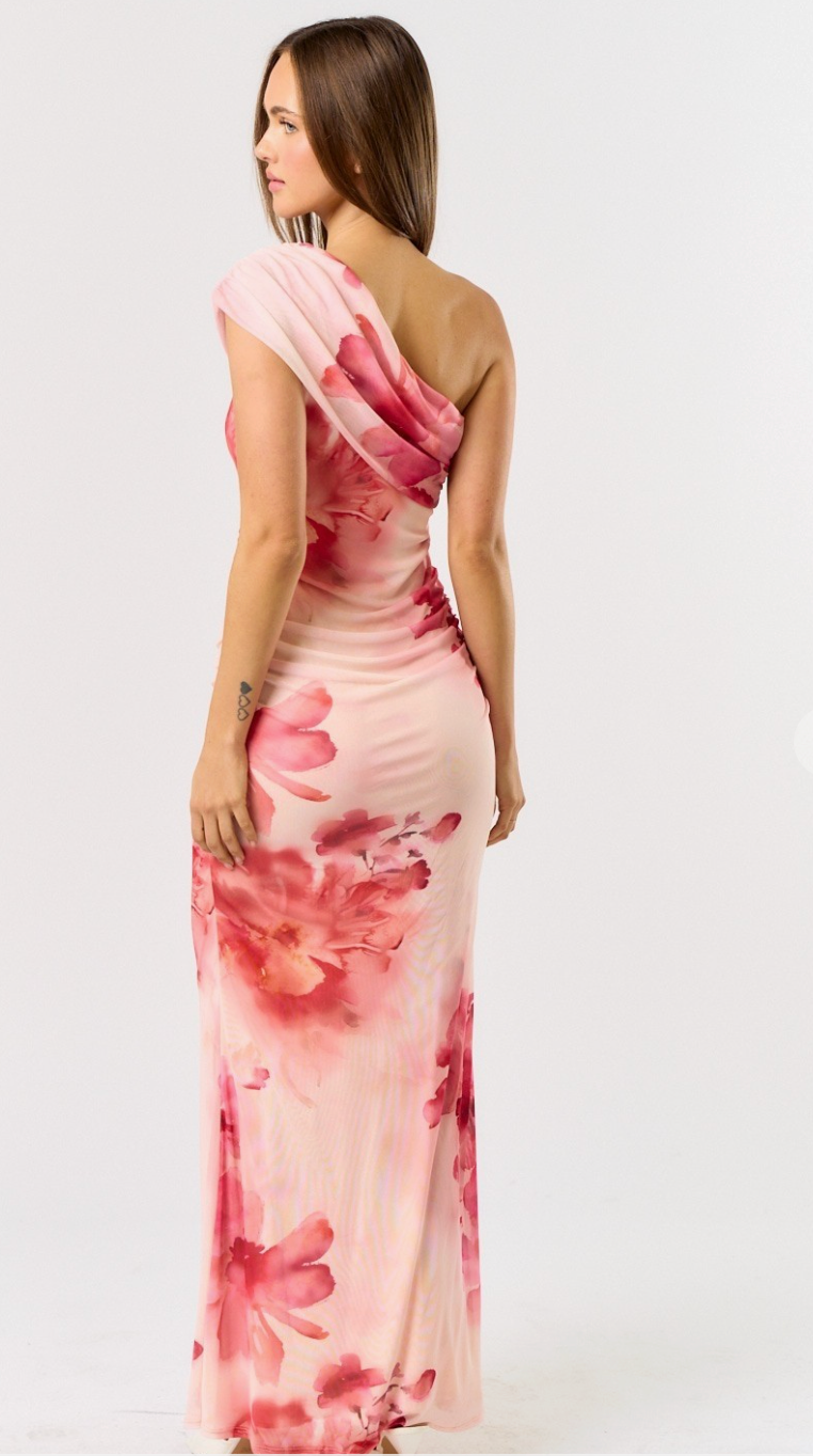 Floral Print One Shoulder Maxi Dress