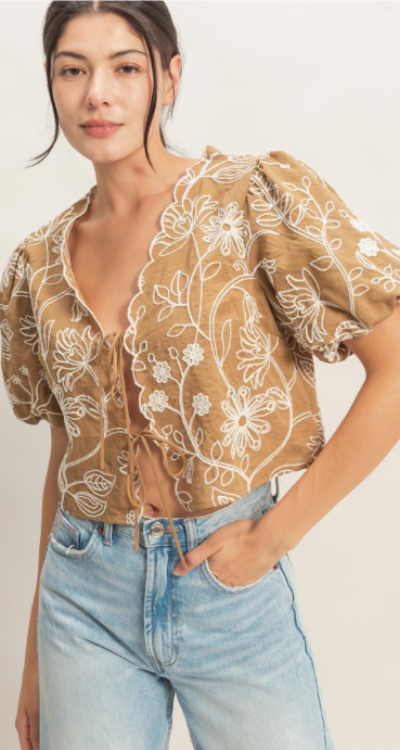 Floral Embroidered Tie-Front Top