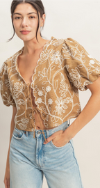 Floral Embroidered Tie-Front Top