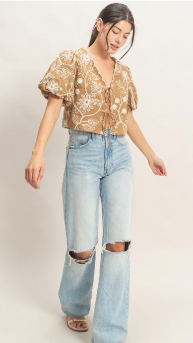 Floral Embroidered Tie-Front Top