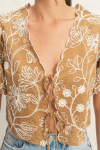 Floral Embroidered Tie-Front Top